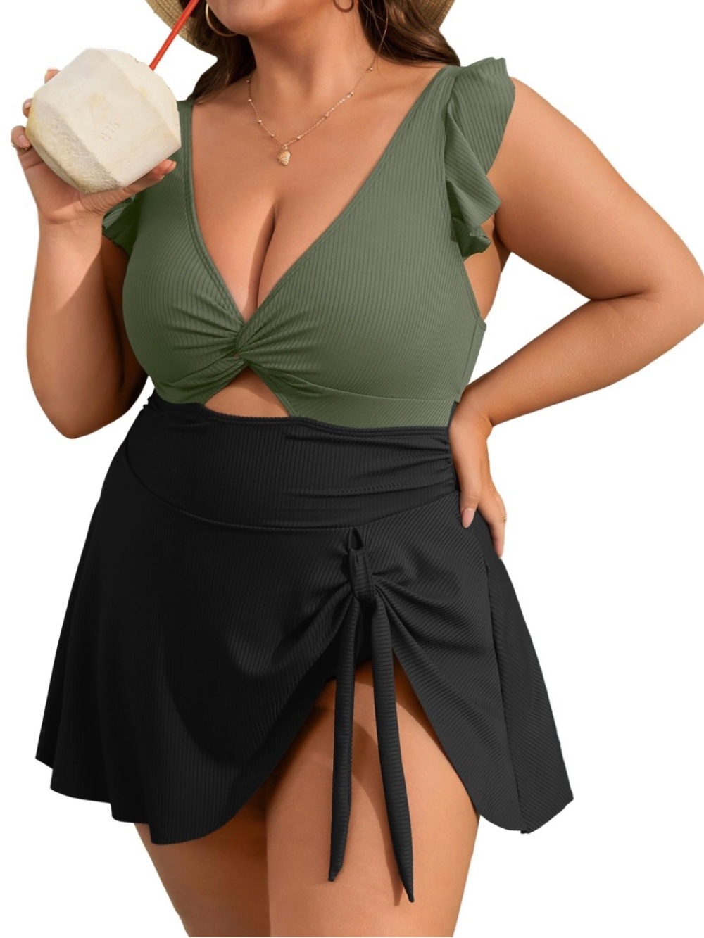 Plus Size Olive Green Twist Front One-Piece Swimsuit with Black Skirt